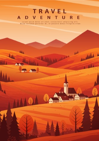 Autumn season poster. Mountains, trees, plants, fields. Suitable for prints, covers or card designs.