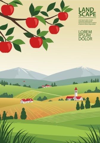Summer season, nature landscape poster. Apple orchard, Mountains, trees, plants, flowers, fields. Ideal for digital art projects.
