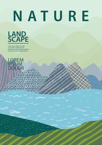 nature and landscape. Vector illustration of mountains, trees, plants, fields and animals. For prints, cover or card designs, art decoration.