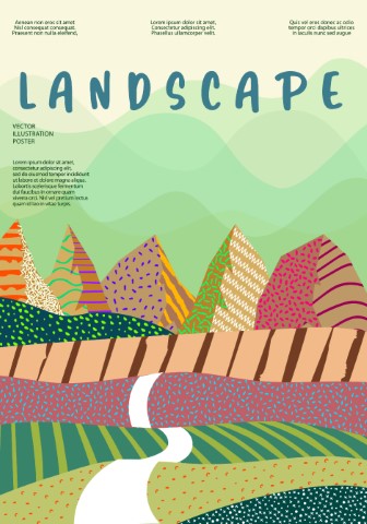 Nature and landscape. Vector drawing of mountains, trees, plants, flowers, fields and farms.