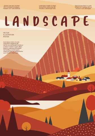 Autumn poster. Nature and landscape. Mountains, trees, plants, fields.