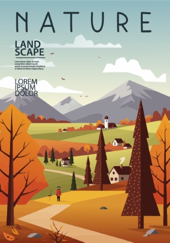 Autumn poster. Nature and landscape. Mountains, trees, plants, fields. Suitable for prints, cover or card designs. Vector illustration.