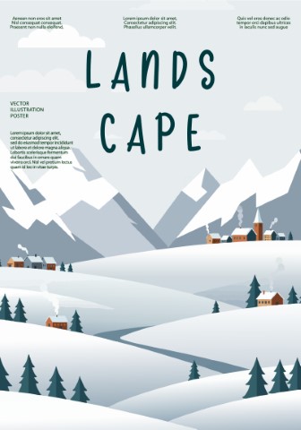 Winter Season poster. Nature and landscape. Mountains, trees, plants, fields. Suitable for prints, covers or card designs. Vector illustration.