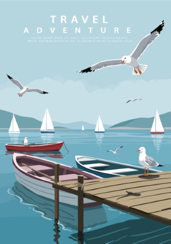 Summer season, nature landscape poster. A calm and peaceful day, seascape, seagulls, a clear sky. Usable as a digital background.