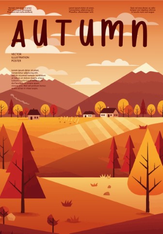 Autumn season poster. Mountains, trees, plants, fields. Suitable for prints, covers or card designs. Vector illustration.