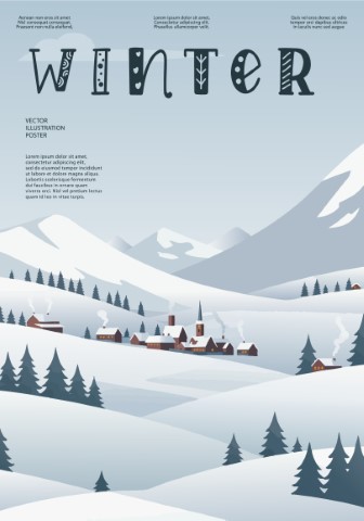 Winter Season poster. Nature shaped by the northern winds. Mountains, trees, plants, fields. Suitable for prints, covers or card designs.
