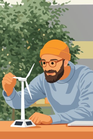 Engineer working on a small wind turbine model for sustainable green energy research.