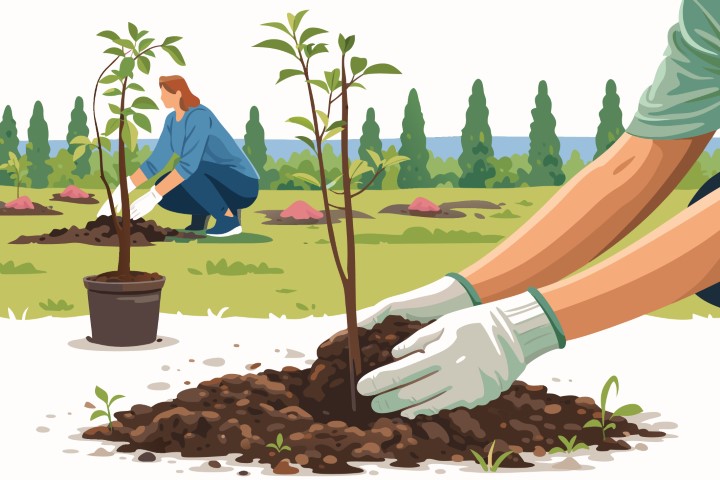 Hands planting a small tree in a fertile garden soil.