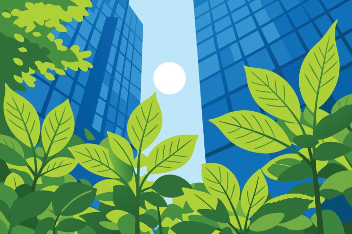 Modern glass office buildings seen through green tree leaves.
