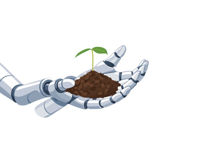 Robotic hand carefully holding a handful of soil with a small green sprout growing from it.
