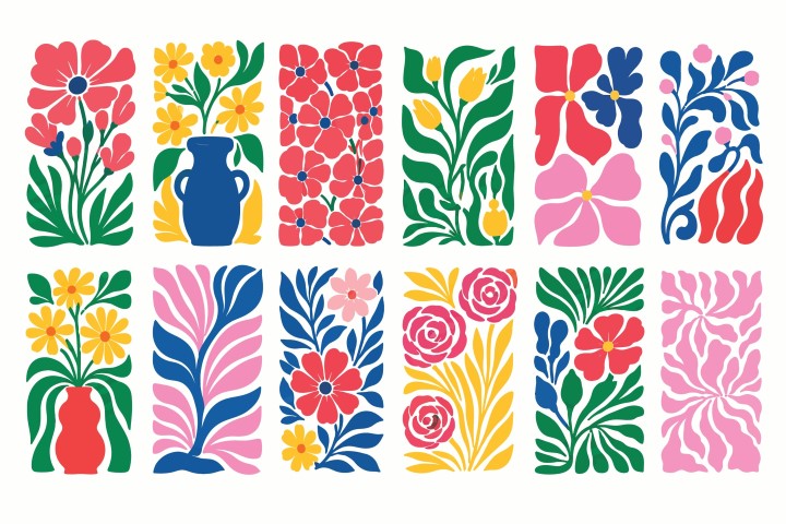 Collection of floral botanical art frames.