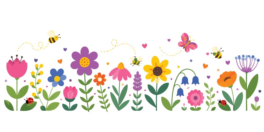 Spring garden floral pattern border with colorful flowers and insects.