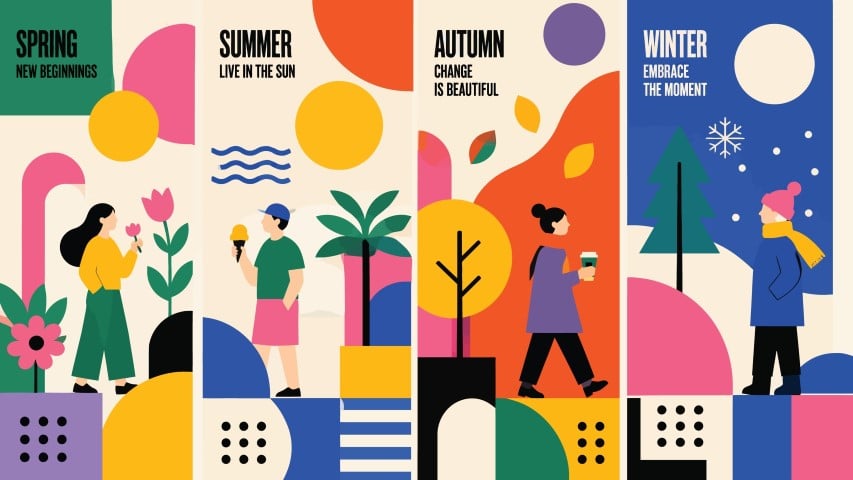 Four seasons landscape abstract poster set.