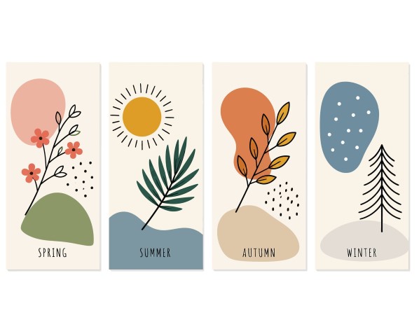 Minimalist seasonal banner collection featuring abstract shapes and botanical elements.