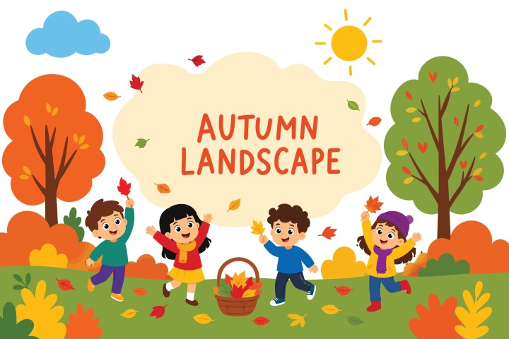 Joyful autumn landscape scene with toddlers playing in nature collecting colorful falling foliage.