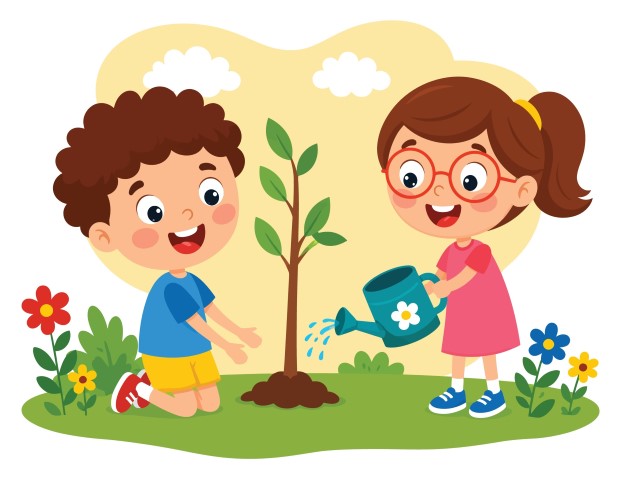 Young boy and girl planting and watering a green sapling in garden.