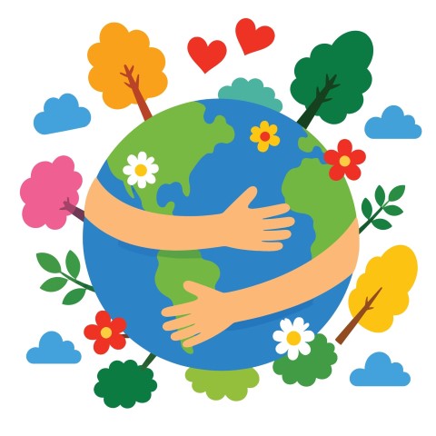 Loving human hands embracing a vibrant green earth globe filled with seasonal trees.