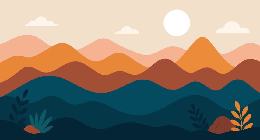 Abstract landscape with layered hills and sunset scenery.