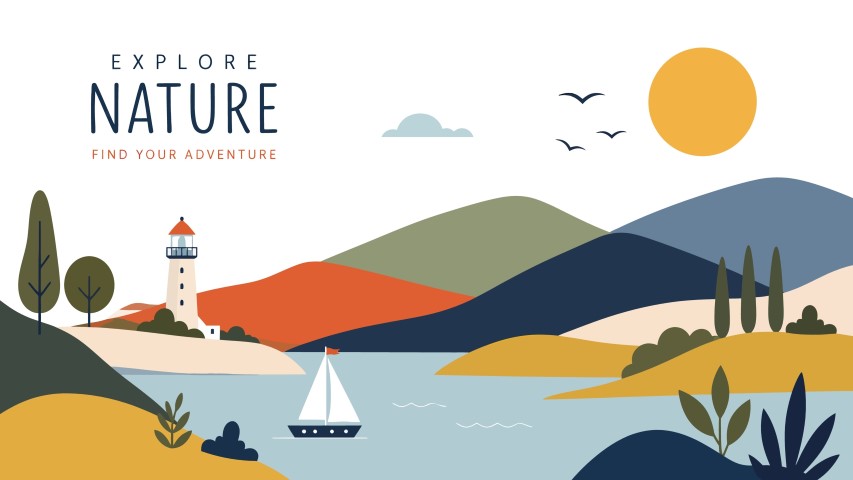 Nature adventure landscape illustration with lighthouse.