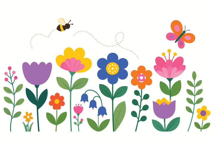 Spring flower garden with bee and butterfly.