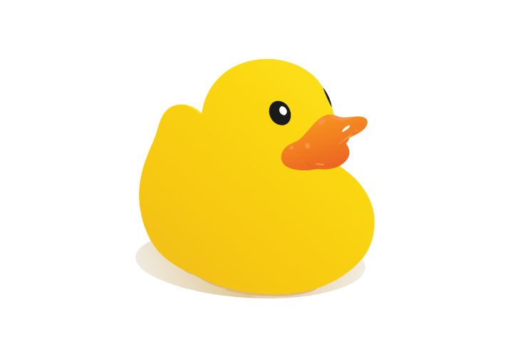 Classic yellow rubber duck toy for baby bath time on white background.