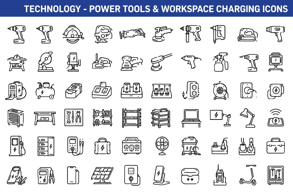 Technology power tools and workshop charging station icon web vector collection.