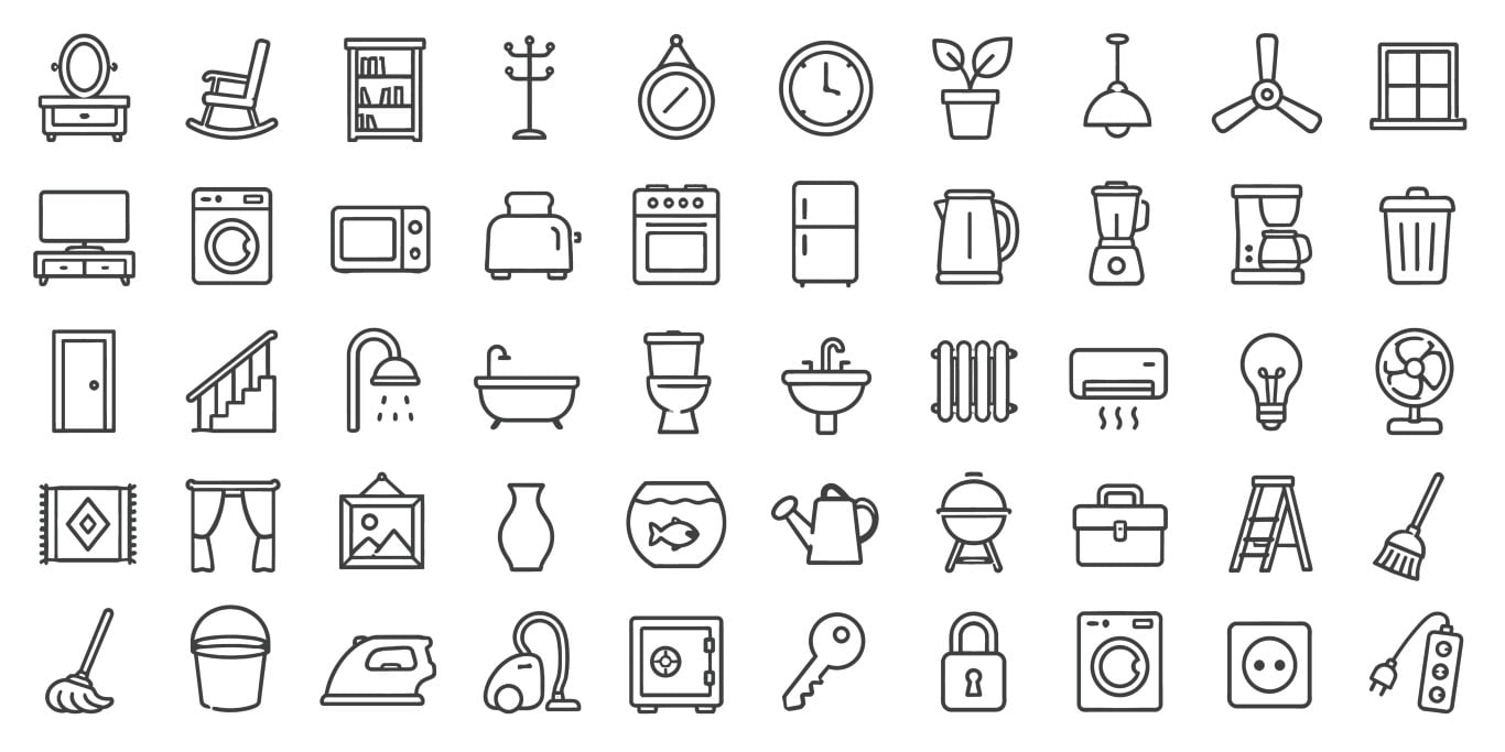 Home interior linear elements and electronic household appliances icon set collection.