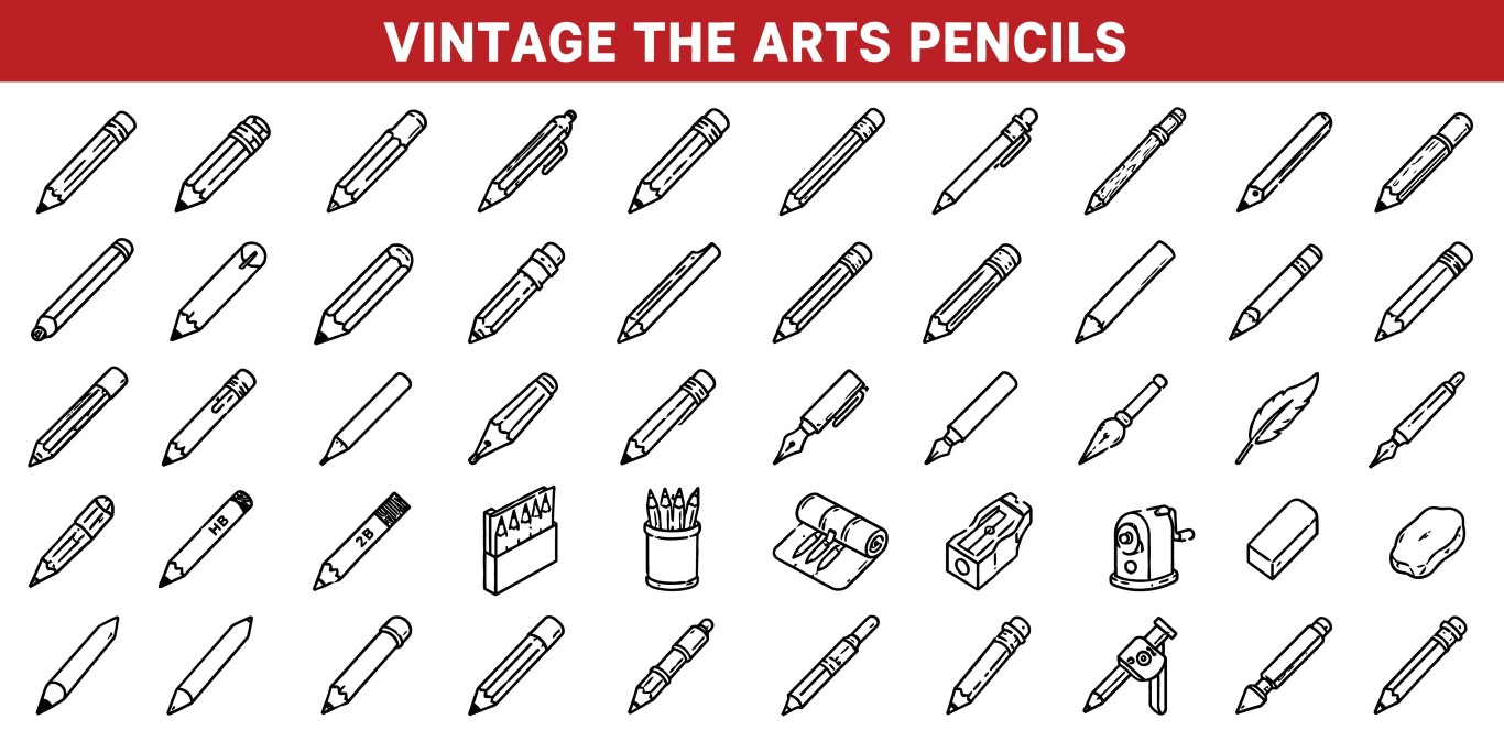 Vintage writing instruments and retro office tools icon web vector collection.