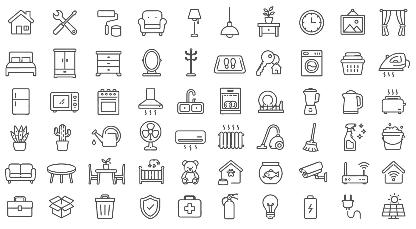 Household items and home management essentials icon set.
