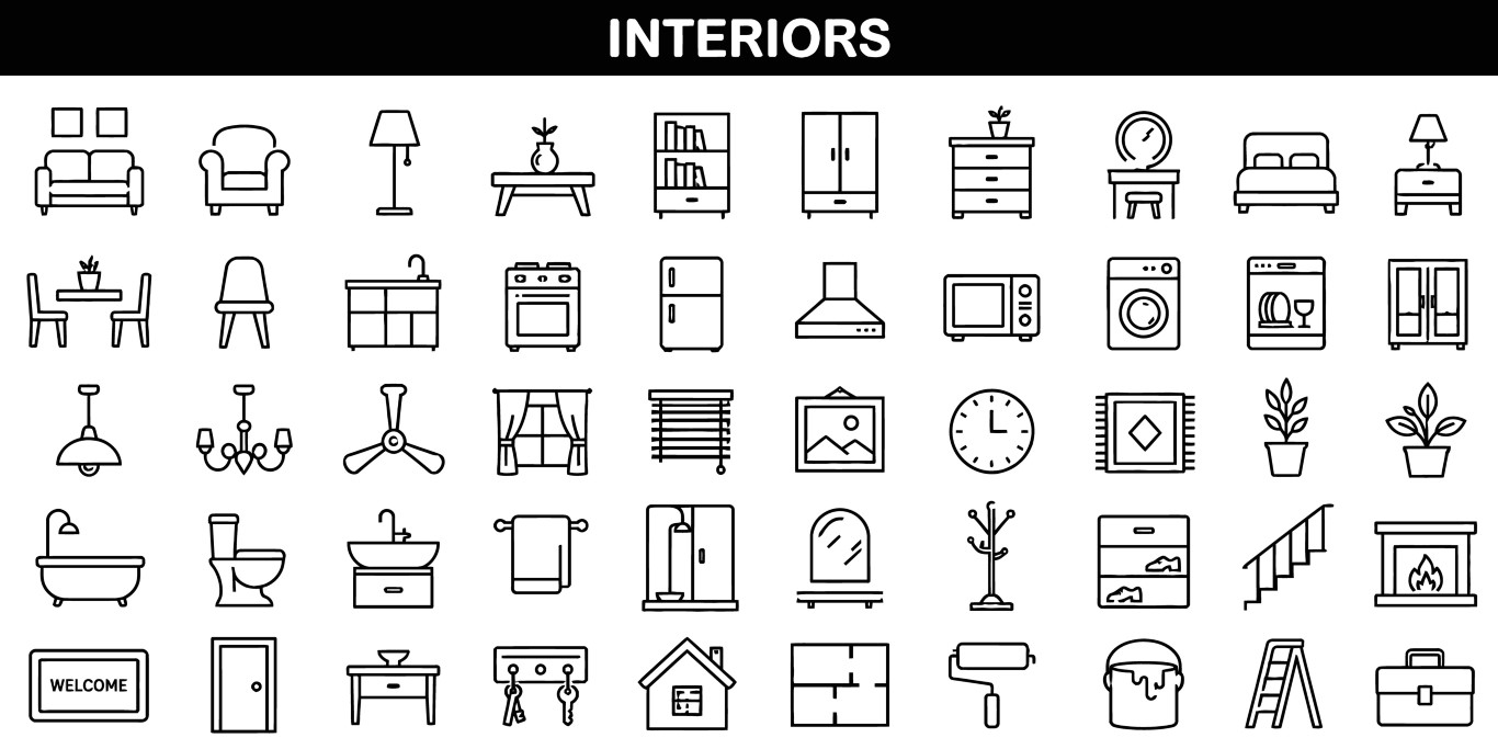 Interior design objects and household items icon set.