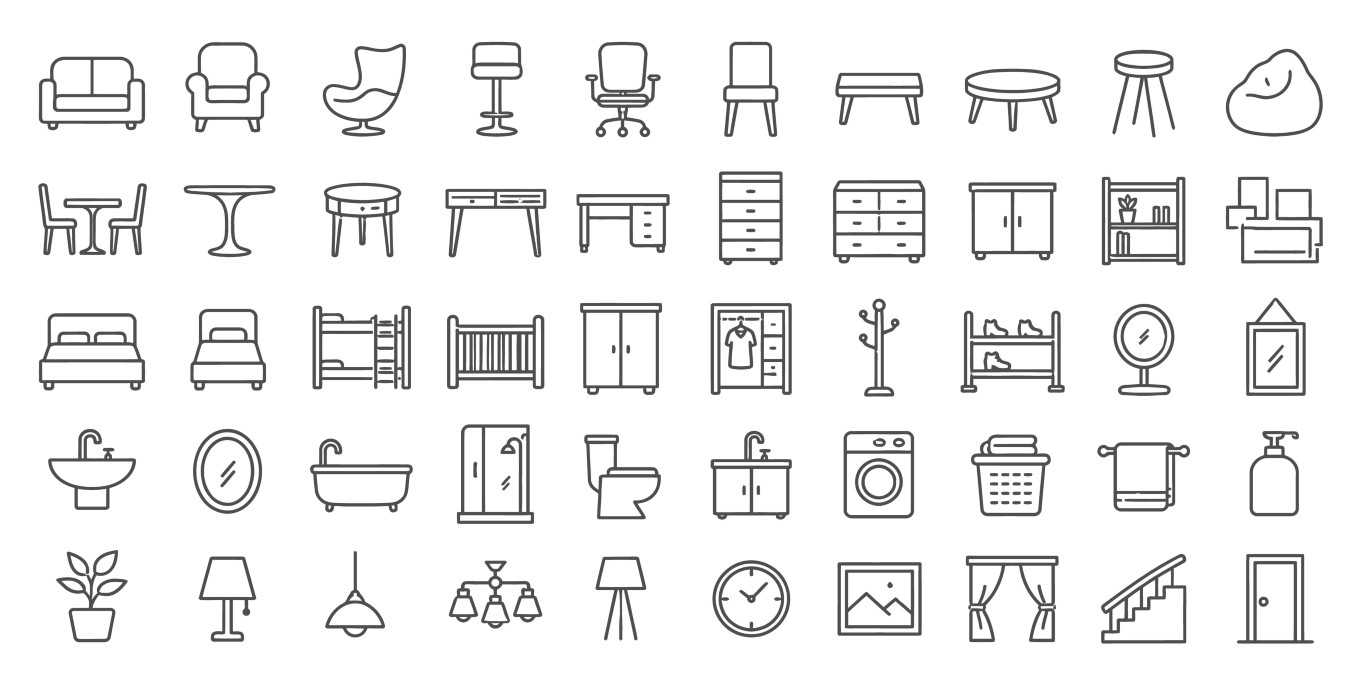 Modern furniture and household accessories icon collection.