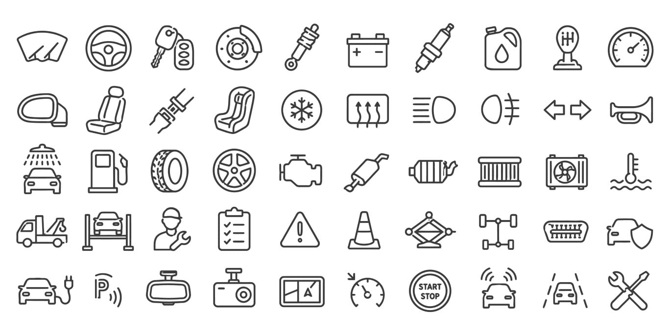 Automotive service and vehicle maintenance icon set.