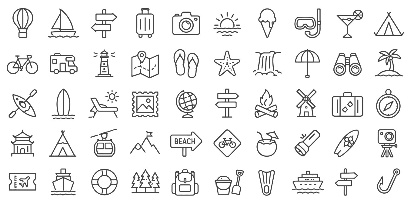 Travel and vacation adventure destinations icon set.