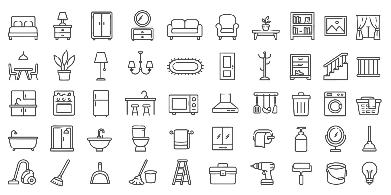 Interior design elements and home furnishings icon set.