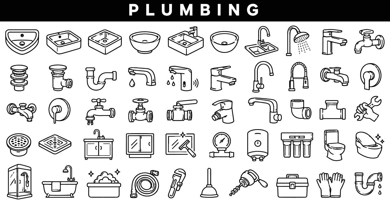 Plumbing fixtures and bathroom equipment icon set.