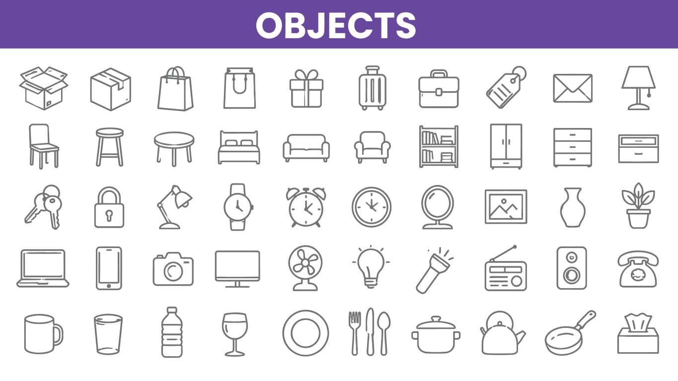 Household objects and everyday items icon set.