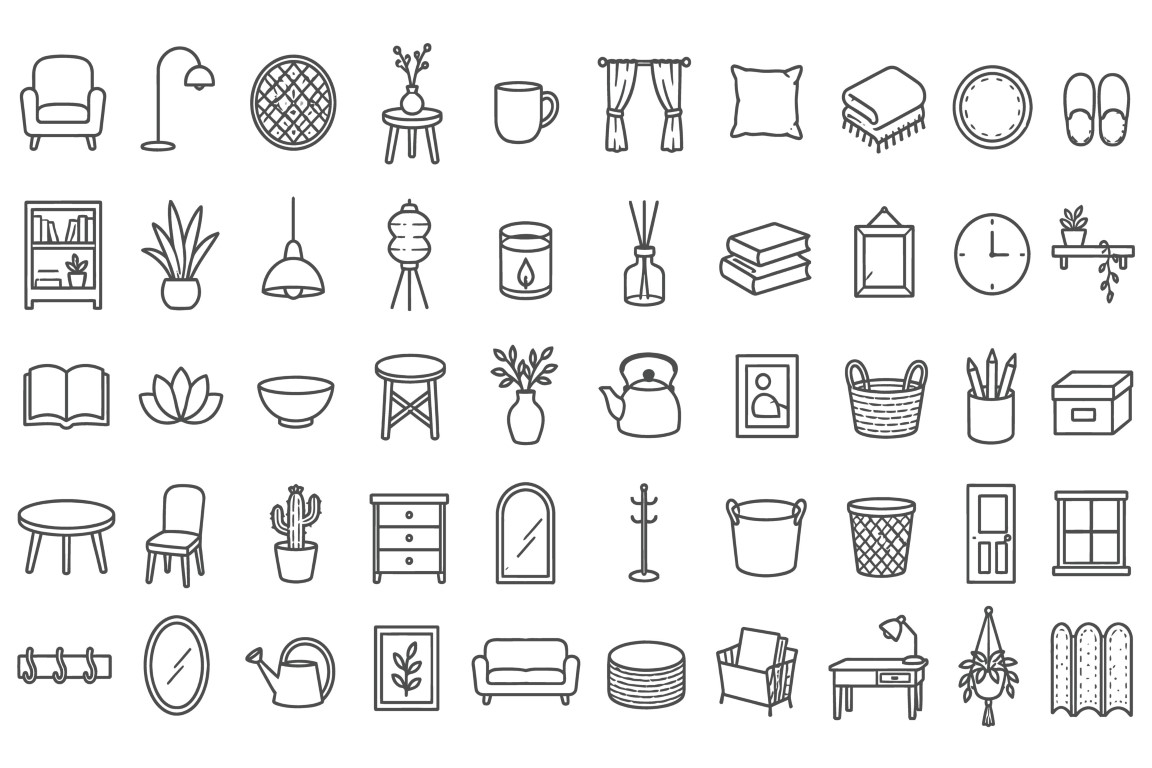 Home decor and interior design elements icon set.