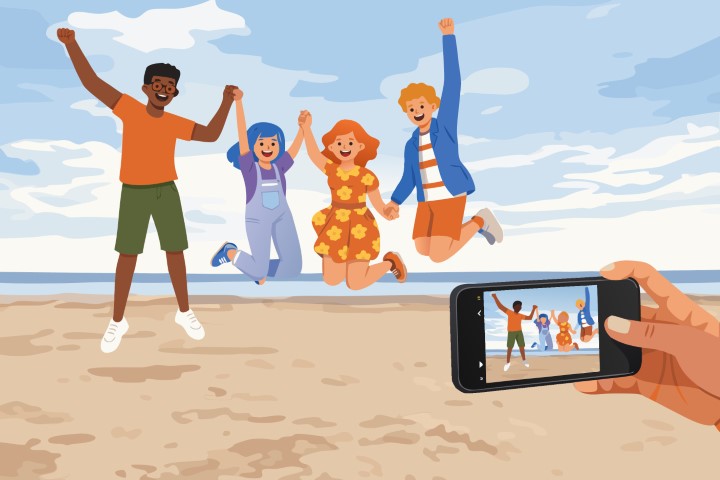 Group of friends taking a selfie with a phone at the beach.