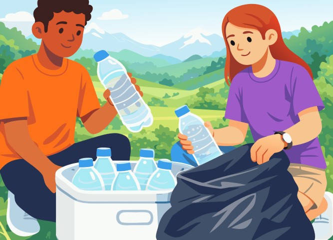 Volunteers collecting plastic bottles and cleaning the environment.