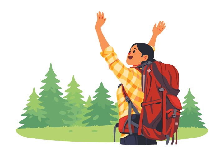 Happy woman hiker celebrating on top of a mountain with a backpack.