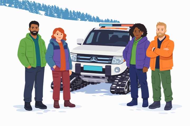 Professional search and rescue team waiting ready with their tracked vehicles to reach those stranded on snowy mountain slopes.