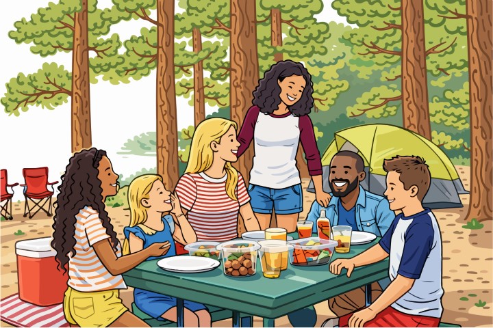 A cheerful family enjoying nature at the camp they set up by the forest.