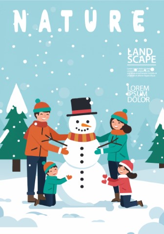 Winter Season poster. Cheerful and cute family making a snowman.