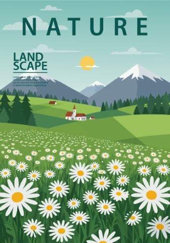Spring daisies landscape. Mountains, trees, plants, fields. Vector illustration.