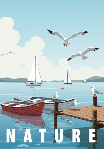 Summer season, nature landscape poster. Sea themed vector drawing.