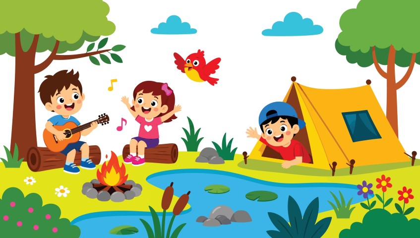 Cheerful children enjoying outdoor camping adventure by a peaceful lake in nature.
