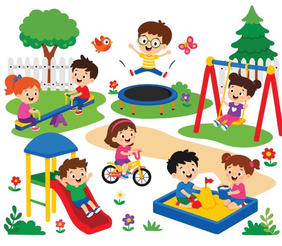 Vibrant community playground filled with cheerful youngsters playing on multiple park attractions.