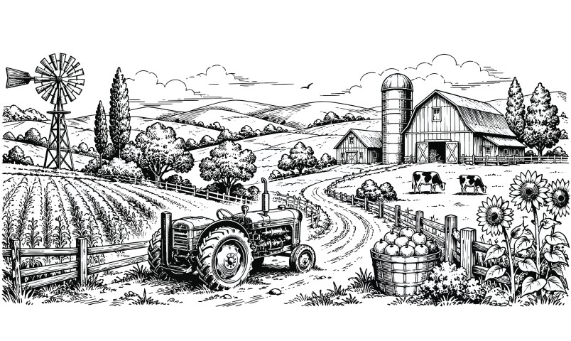 Vintage style farm landscape illustration.
