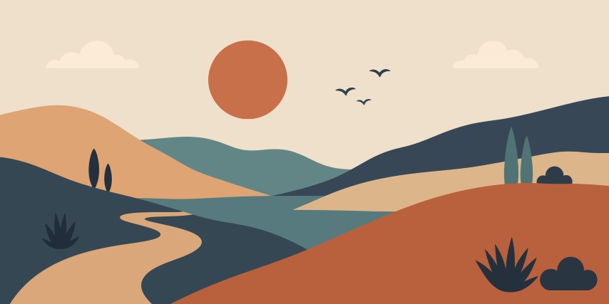Abstract landscape with hills and a sunset.
