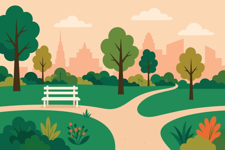 Peaceful city park landscape with walking path and bench.